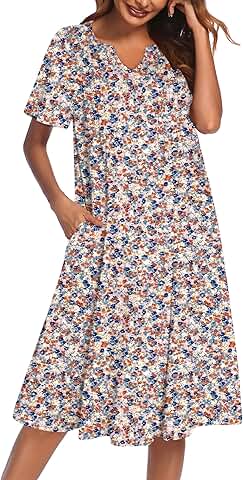 Short Sleeve Nightgown with Pockets and V Neck