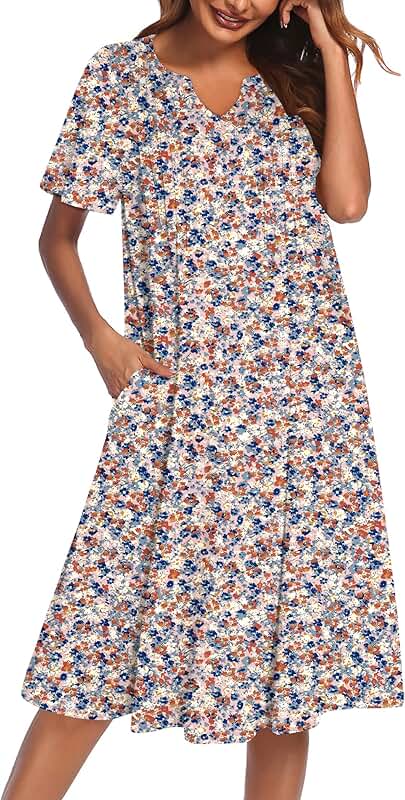 Short Sleeve Nightgown with Pockets and V Neck