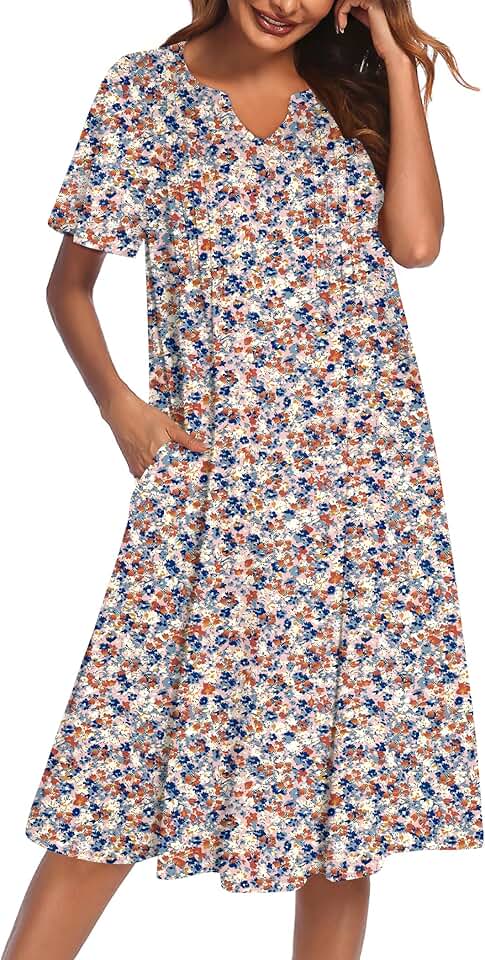 Short Sleeve Nightgown with Pockets and V Neck