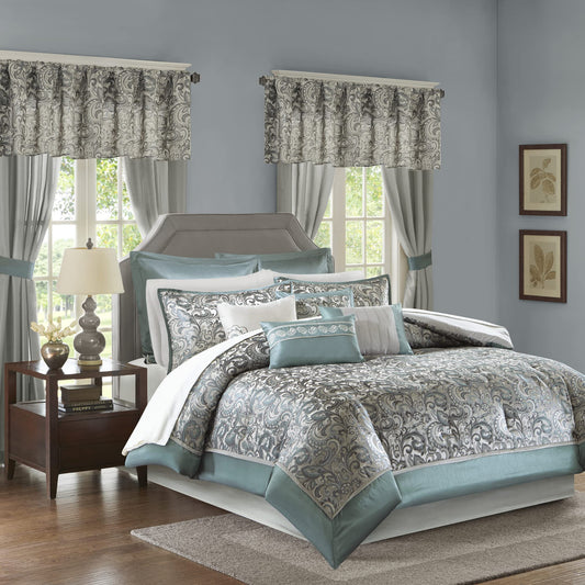 Essentials Brystol 24 Piece Room in a Bag Faux Silk Comforter Jacquard Paisley Design Matching Curtains Down Alternative Hypoaller ic All Season Bedding-Set, Queen 90 in x 90 in), Teal