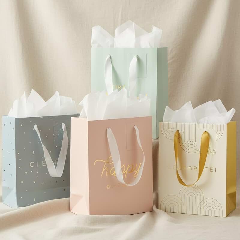 Set of 4 medium gift bags with tissue paper and accessories