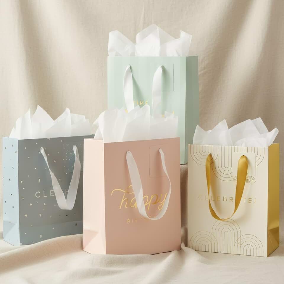 Set of 4 medium gift bags with tissue paper and accessories