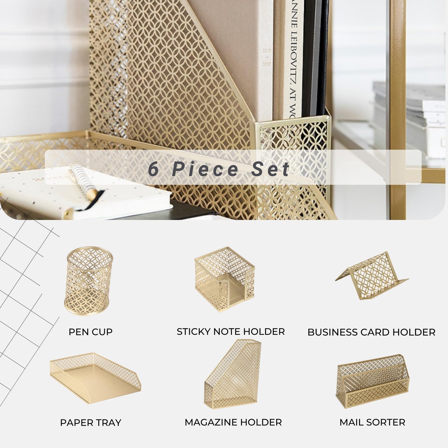 Pink Gold Desk Organizer Set with Mail Sorter and Accessories