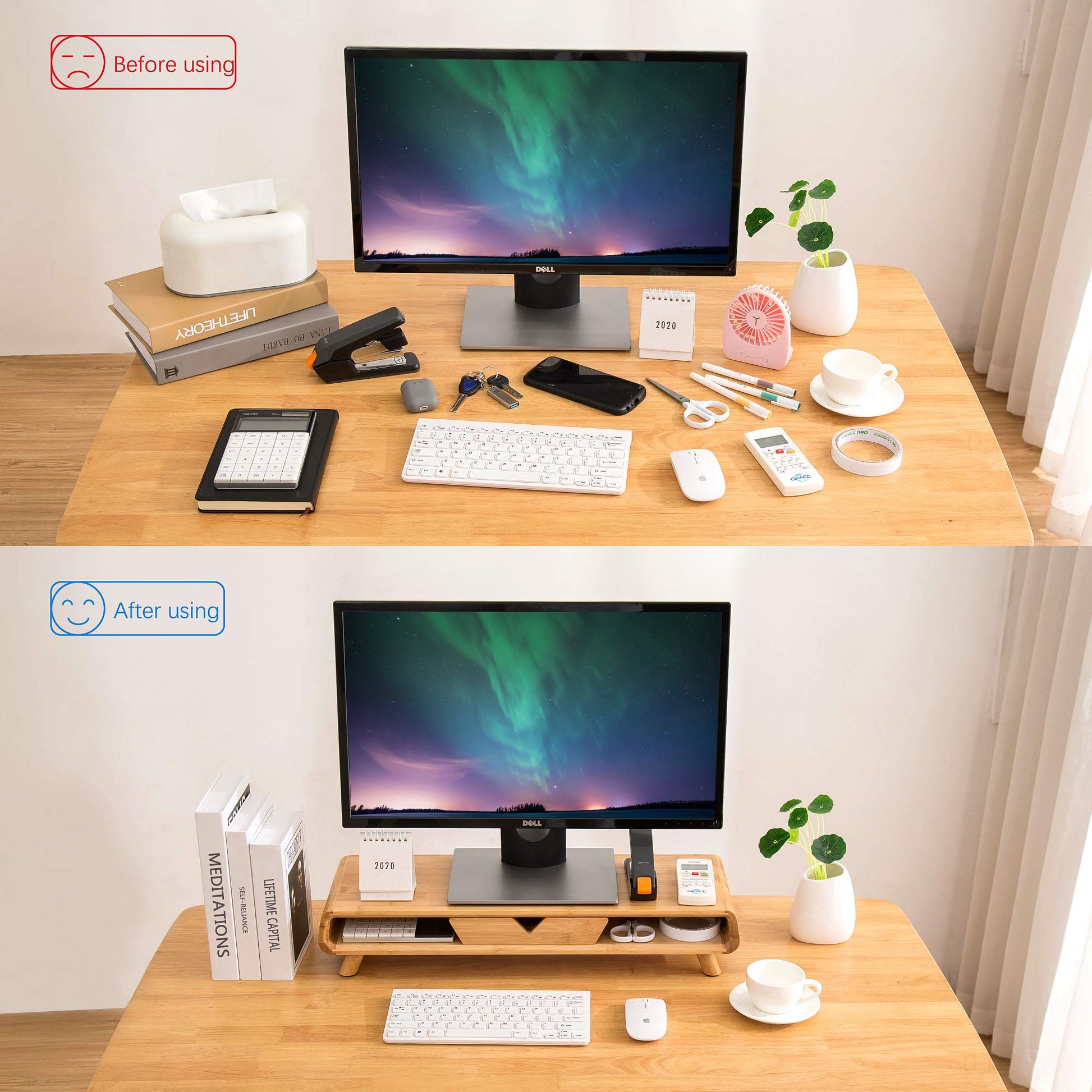 Bamboo Monitor Stand Riser, No Assembly Required Exquisite Monitor Stand with Drawer, Ergonomic Height Wood Monitor Stand