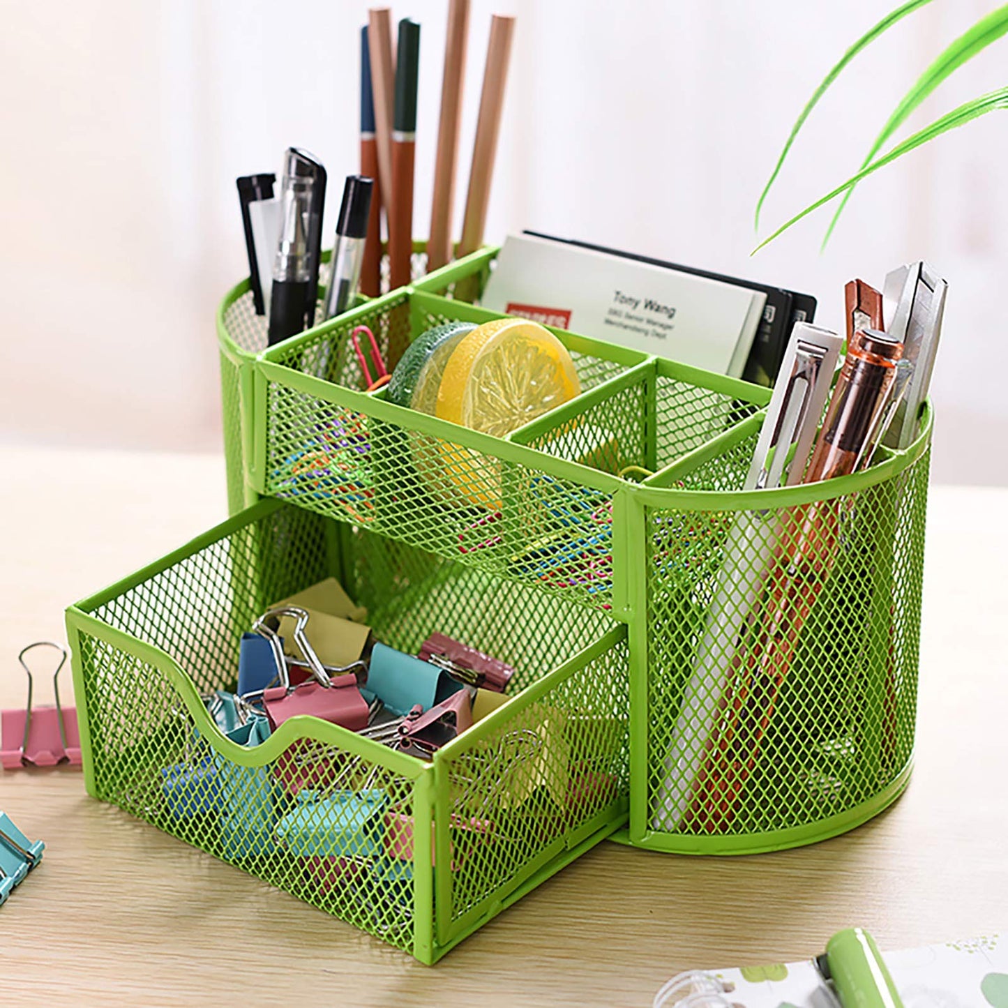 Green Metal Mesh Desk Organizer with Drawer