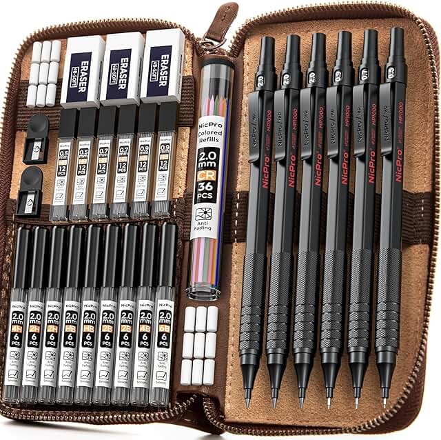 Set of 30 Black Metal Mechanical Pencils with Leather Case
