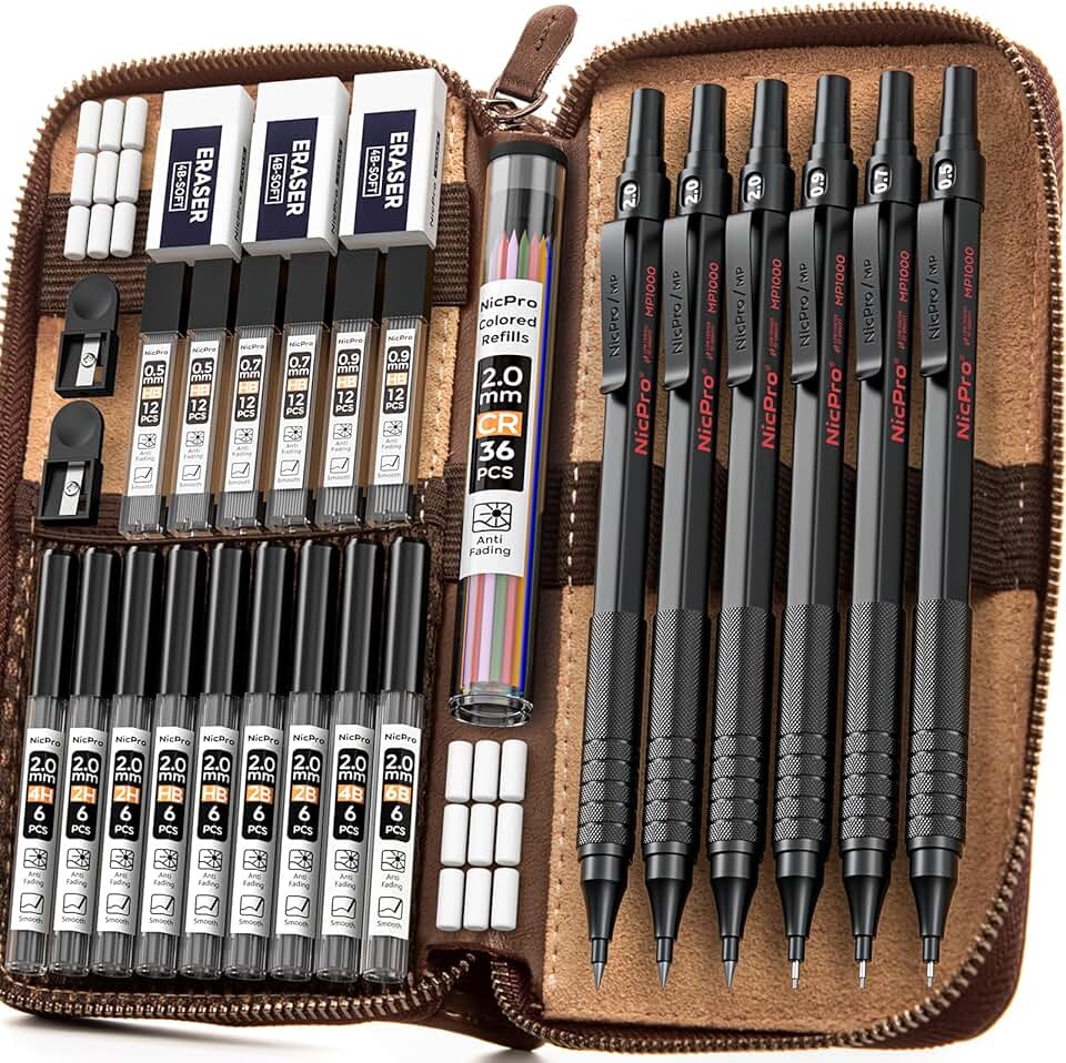 Set of 30 Black Metal Mechanical Pencils with Leather Case
