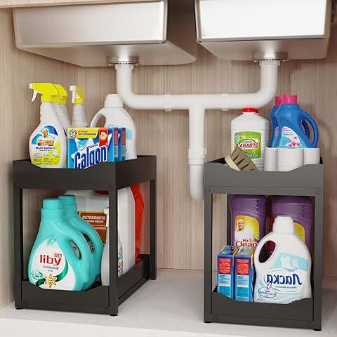 Two-Tier Metal Bathroom and Kitchen Storage Organizer (Black, 2 Pack)