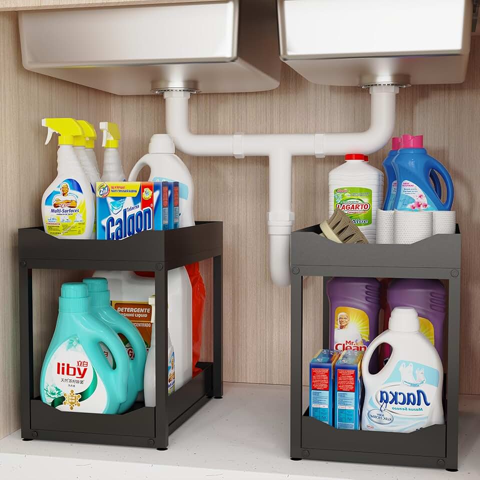 Two-Tier Metal Bathroom and Kitchen Storage Organizer (Black, 2 Pack)