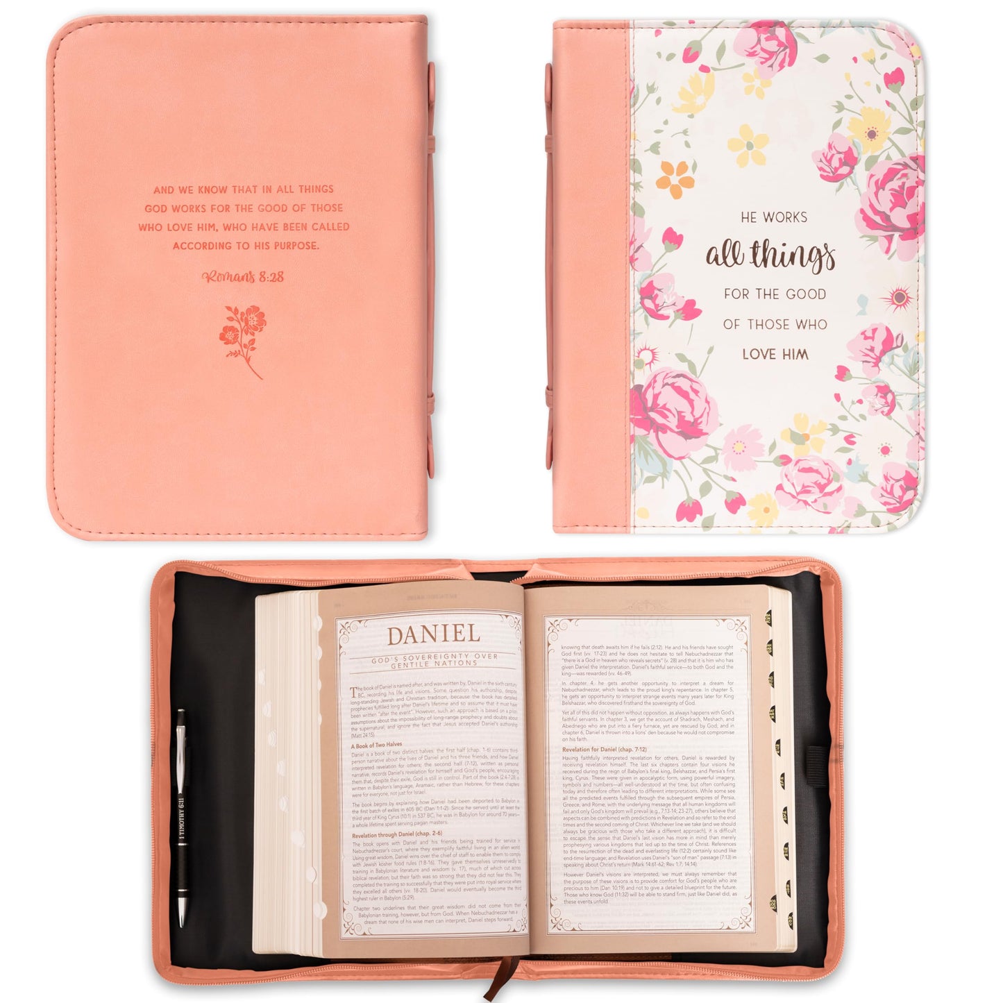 Women's Peach Floral Leather Bible Cover with Romans 8:28