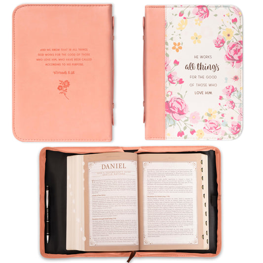 Women's Peach Floral Leather Bible Cover with Romans 8:28