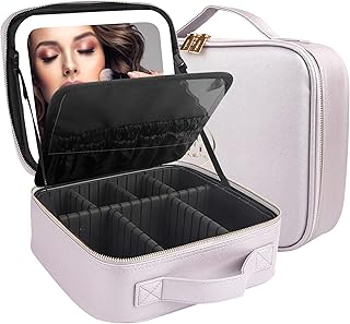 Travel Cosmetic Train Case with Lighted Mirror and Adjustable Dividers