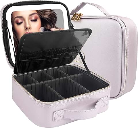 Travel Cosmetic Train Case with Lighted Mirror and Adjustable Dividers