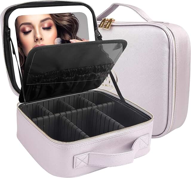 Travel Cosmetic Train Case with Lighted Mirror and Adjustable Dividers