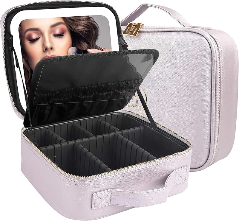 Travel Cosmetic Train Case with Lighted Mirror and Adjustable Dividers