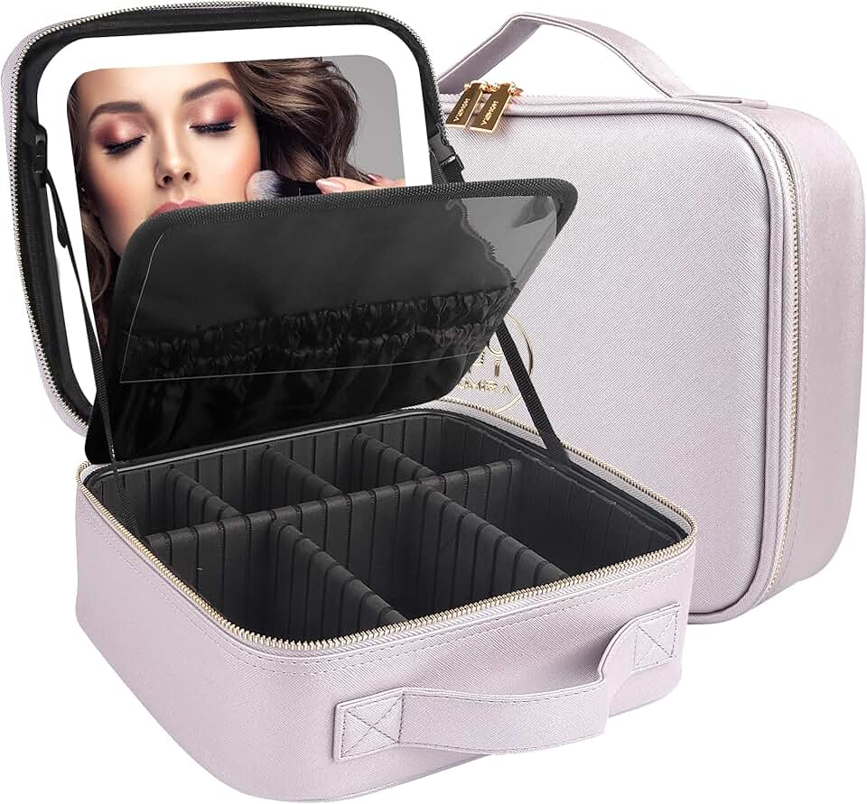 Travel Cosmetic Train Case with Lighted Mirror and Adjustable Dividers