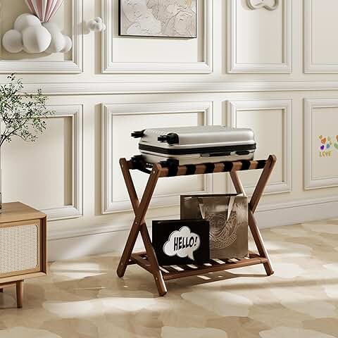 Foldable Bamboo Luggage Rack with Storage Shelf