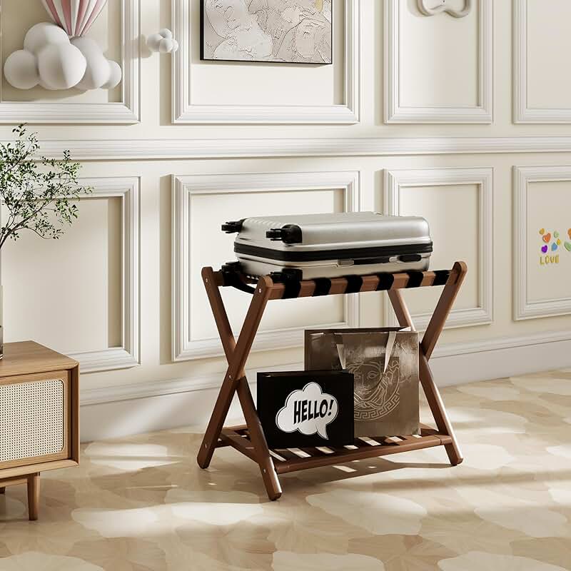Foldable Bamboo Luggage Rack with Storage Shelf