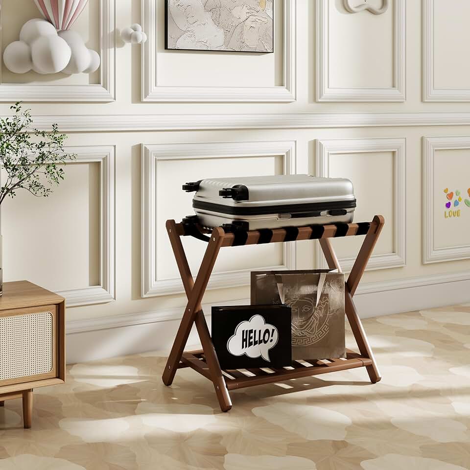 Foldable Bamboo Luggage Rack with Storage Shelf