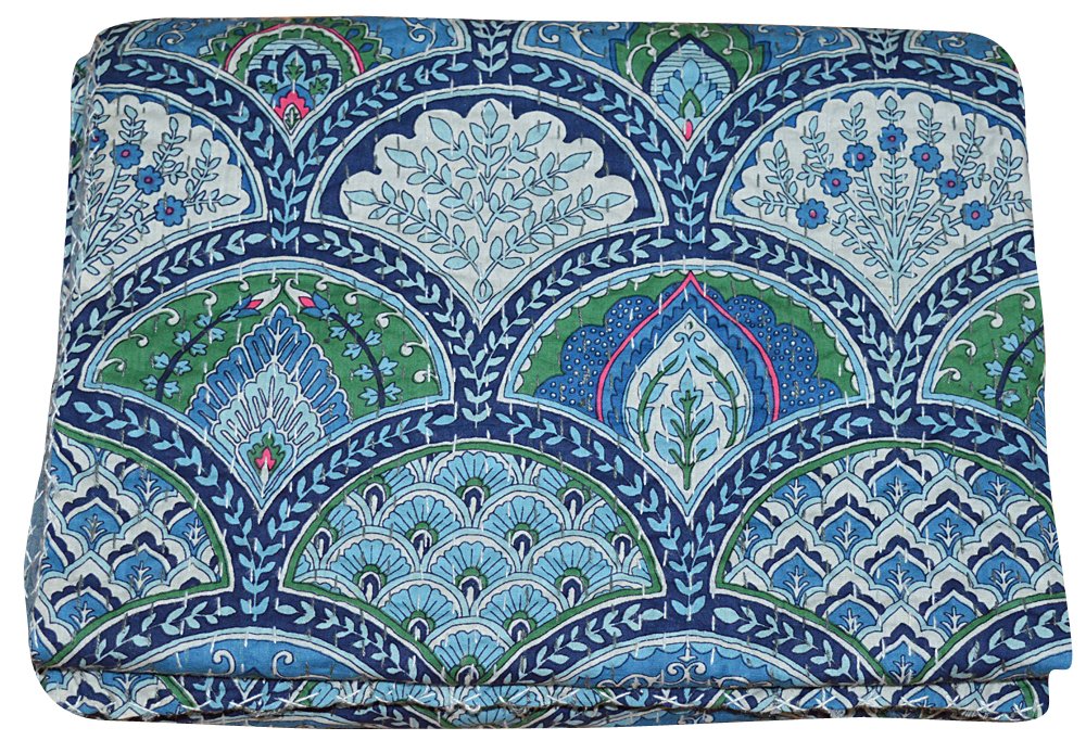 Rembo Print Twin Size Kantha Quilt Green, Kantha Blanket, Bed Cover, Twin Kantha Bedspread, Bohemian Bedding Kantha Size 90 Inch x 60 Inch