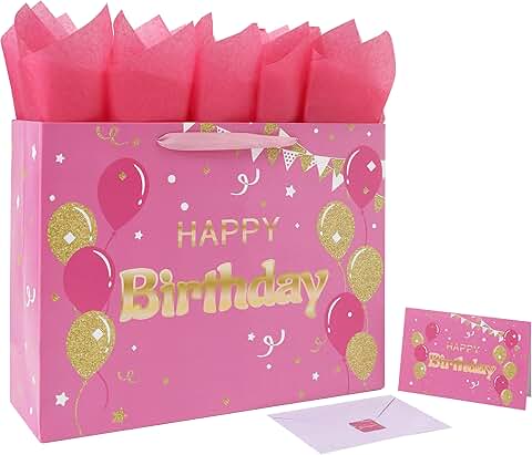 Large Pink Happy Birthday Gift Bag with Card and Accessories