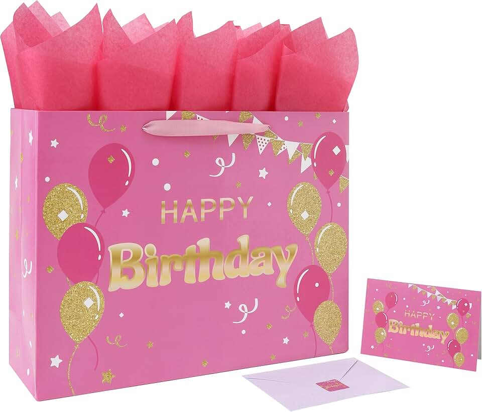 Large Pink Happy Birthday Gift Bag with Card and Accessories