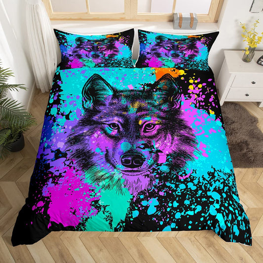 Wolf Bedding Set Twin Size Tie Dye Duvet Cover Safari Animals Print Comforter Cover for Kids Boys Juvenile Splash Graffiti Hip Hop Bedspreads Cover with 1 Pillow Case Colorful Teal Black