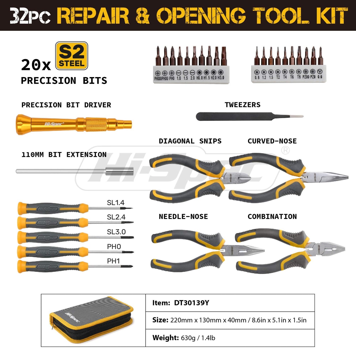 32pc Electronics Repair & Opening Tool Kit Set with Precision Screwdrivers, Pliers & Cutters