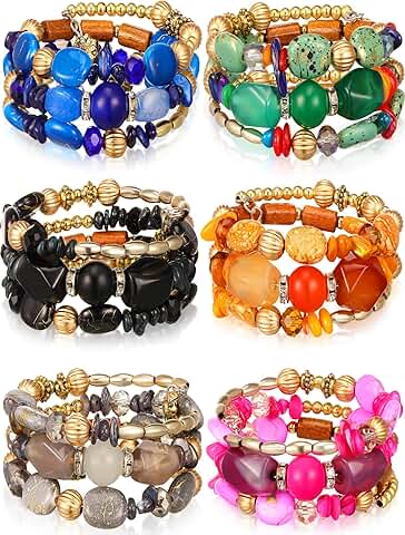Set of 6 Boho Agate Beaded Charm Bracelets