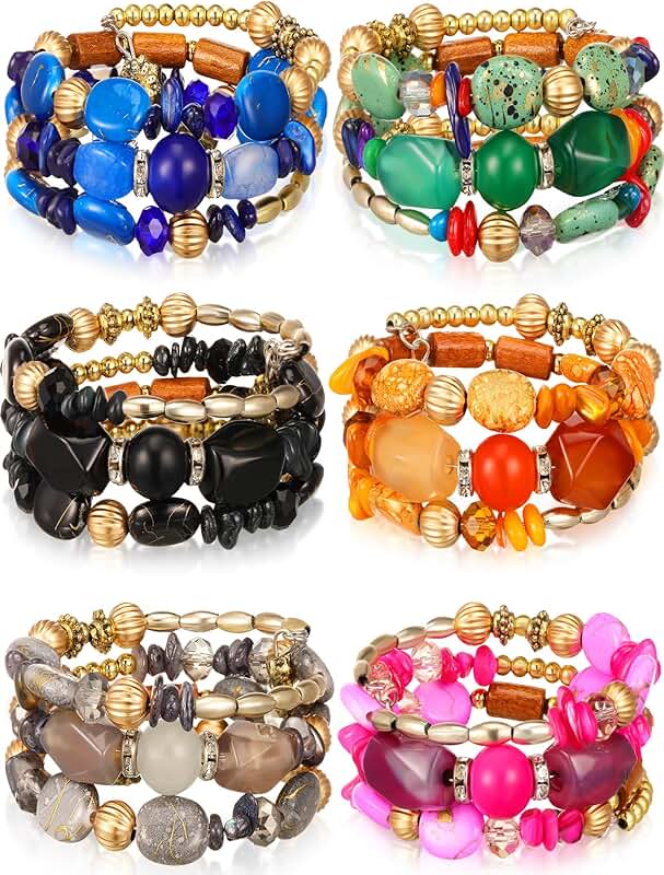 Set of 6 Boho Agate Beaded Charm Bracelets
