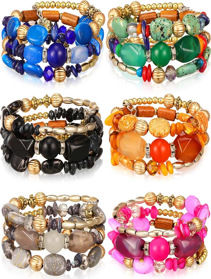 Set of 6 Boho Agate Beaded Charm Bracelets