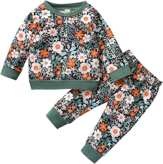Baby Girl Long Sleeve Clothes Set with Floral Tops and Pants