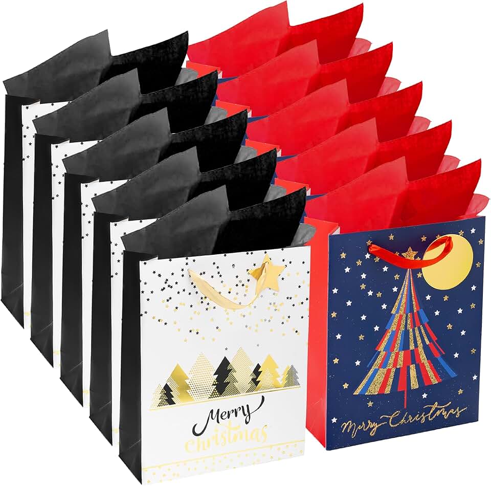 Medium Christmas Gift Bags with Handles, 10 Pack