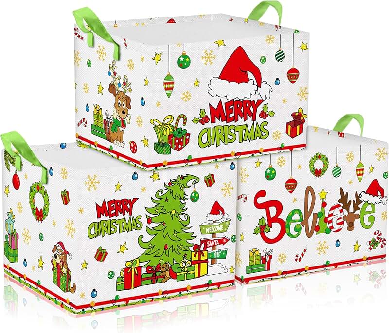 Set of 3 Foldable Green Christmas Storage Bins