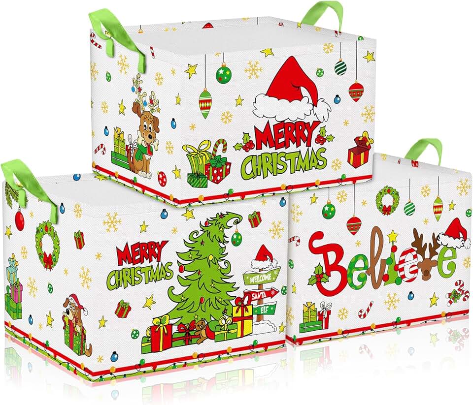 Set of 3 Foldable Green Christmas Storage Bins
