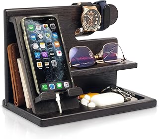 Wood Phone Docking Station for Men, Organizer, Black