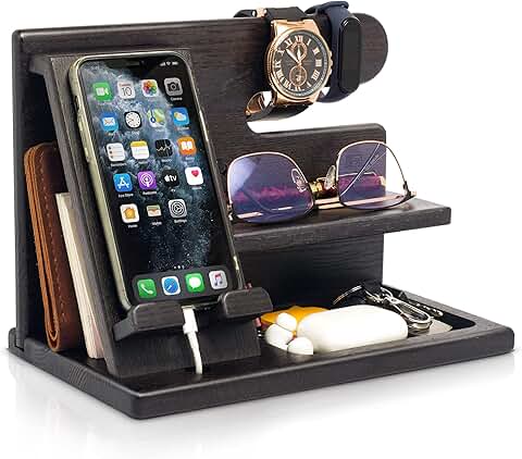 Wood Phone Docking Station for Men, Organizer, Black