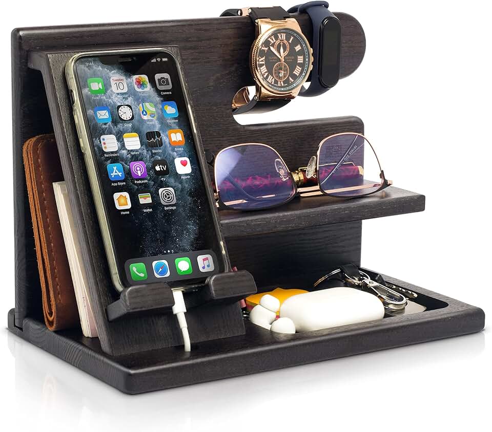 Wood Phone Docking Station for Men, Organizer, Black