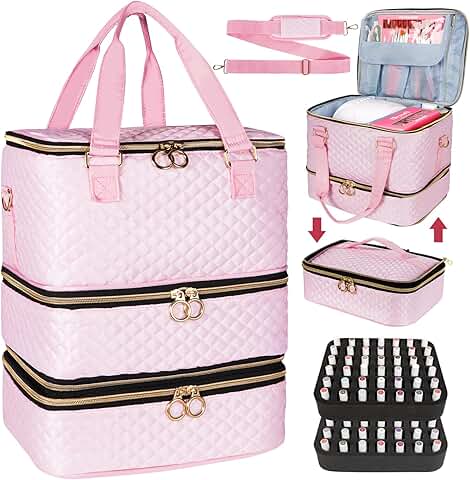 Pink 3-Layer Nail Polish Organizer Bag for 84 Bottles