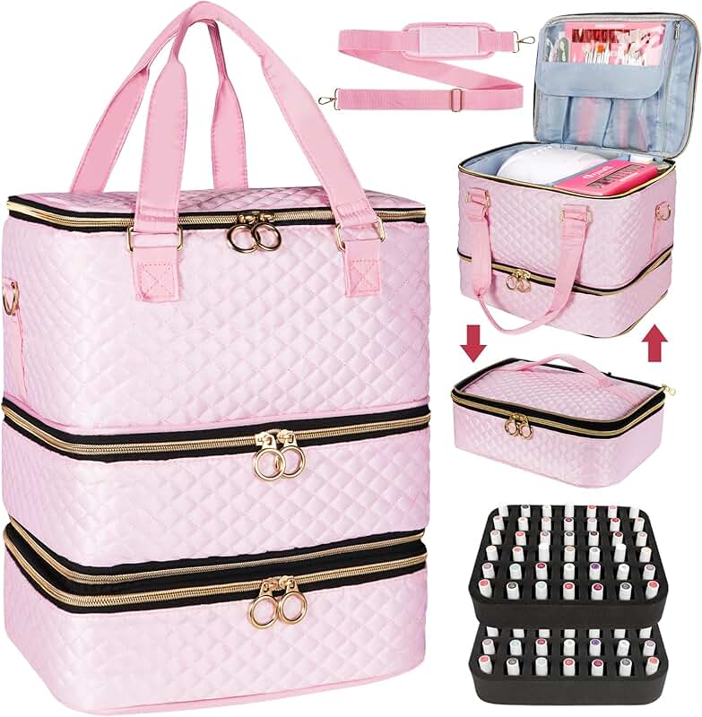 Pink 3-Layer Nail Polish Organizer Bag for 84 Bottles