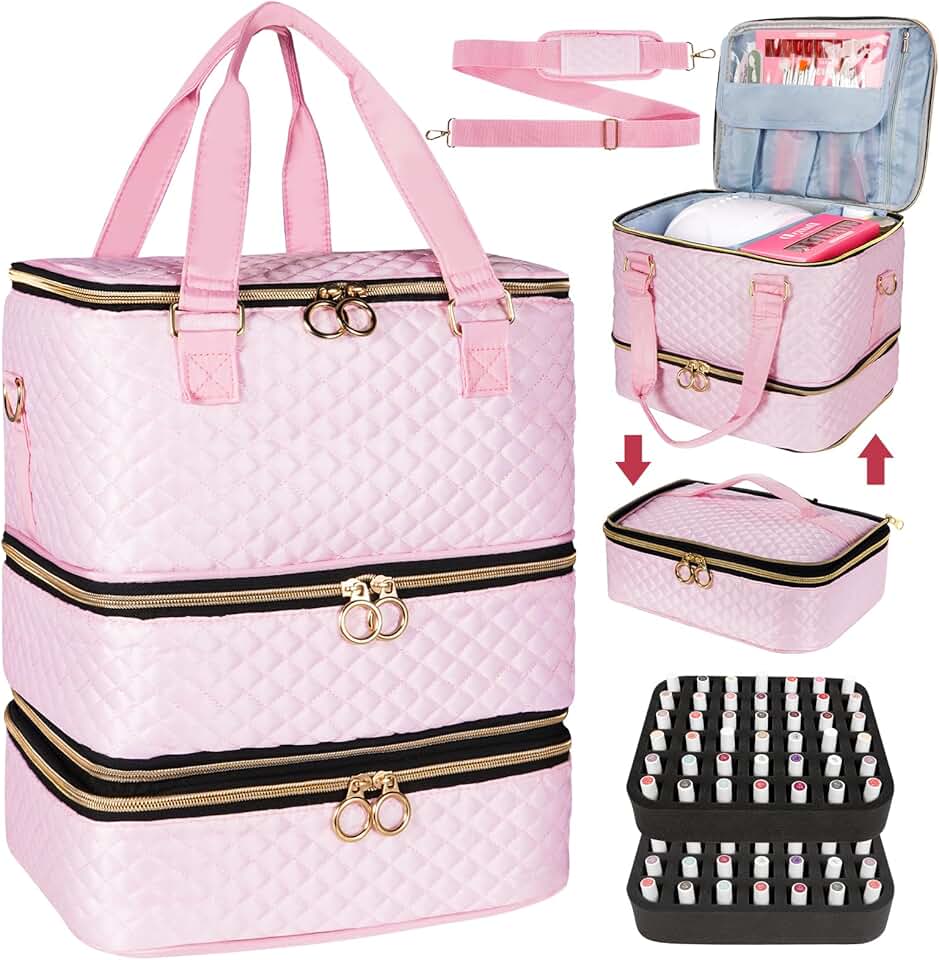 Pink 3-Layer Nail Polish Organizer Bag for 84 Bottles