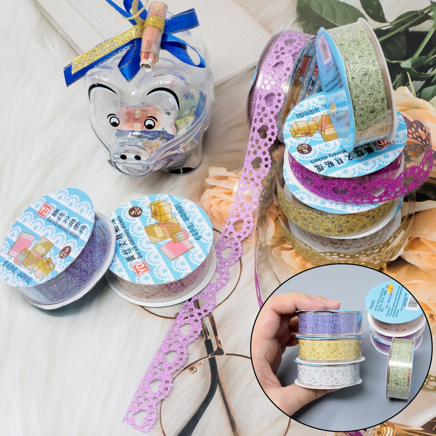 7 Rolls of Colorful Glitter Washi Tape with Lace Flower Pattern