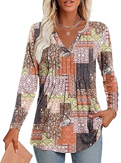 Women's Long Sleeve Fall Tunic Top with V Neck and Pleats