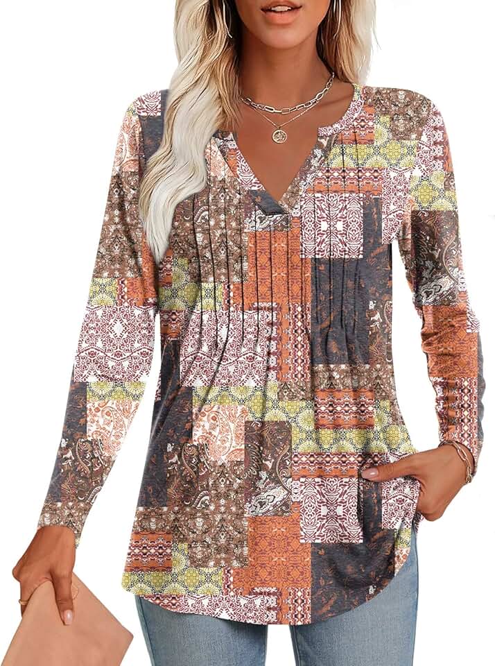 Women's Long Sleeve Fall Tunic Top with V Neck and Pleats