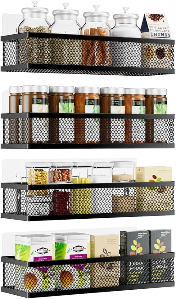Wall Mount Spice Rack and Storage Baskets, 4 Pack