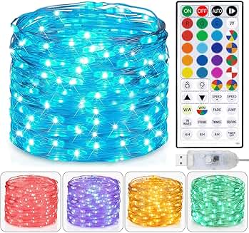33ft USB Fairy Lights with Remote, Warm White and Color Options