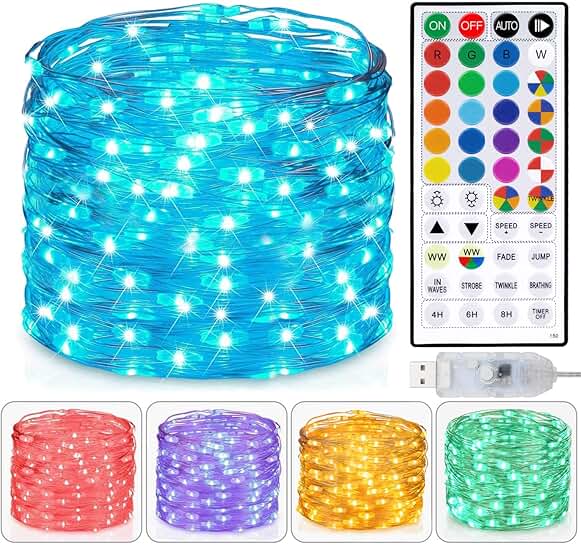 33ft USB Fairy Lights with Remote, Warm White and Color Options