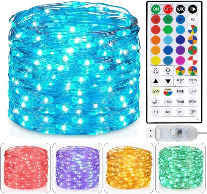 33ft USB Fairy Lights with Remote, Warm White and Color Options