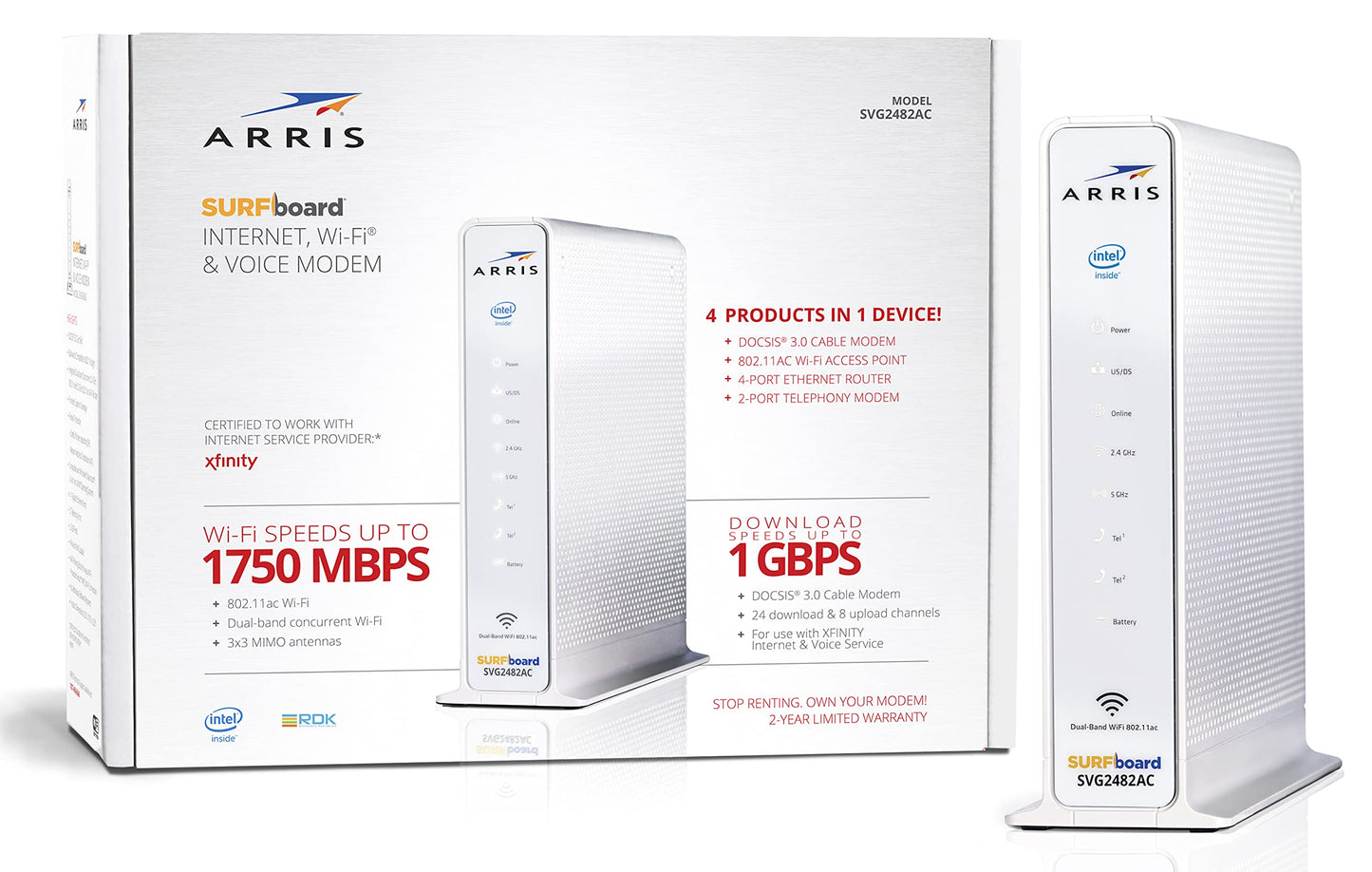 SURFboard SVG2482AC DOCSIS 3.0 Cable Modem & AC2350 Wi-Fi Router | Comcast Xfinity Internet & Voice | Four 1 Gbps Ports | 2 Telephony Ports for Digital Voice | Up to 800 Mbps | 2 Year Warranty