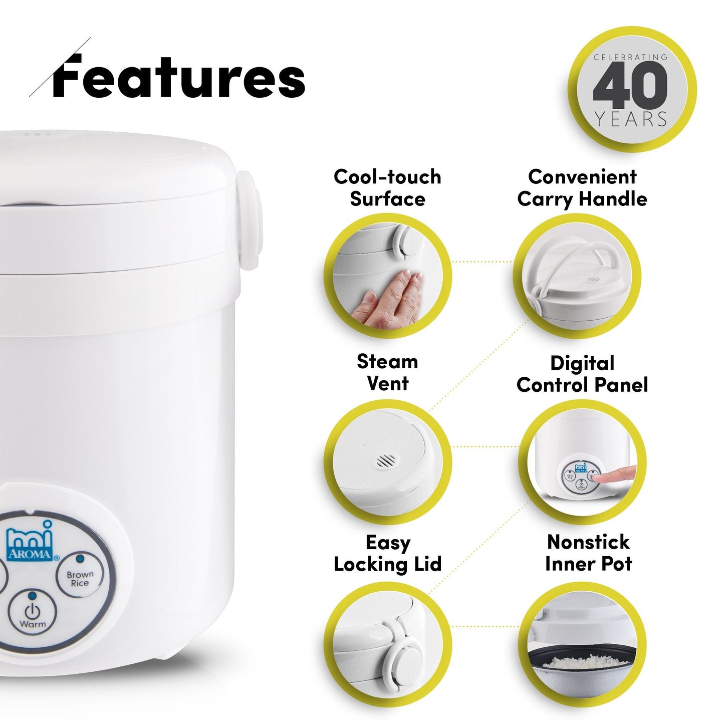 (MRC-903D) Mi 3-Cup (Cooked) (1.5-Cup UNCOOKED) Digital Cool Touch Mini Rice Cooker,White